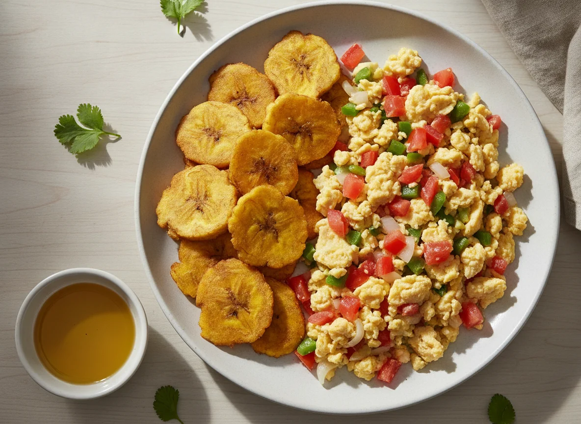 Huevos revueltos con vegetales y patacones photo