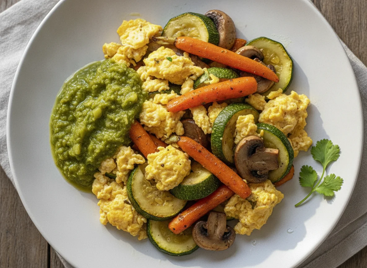 Huevos revueltos con verduras asadas y salsa verde photo