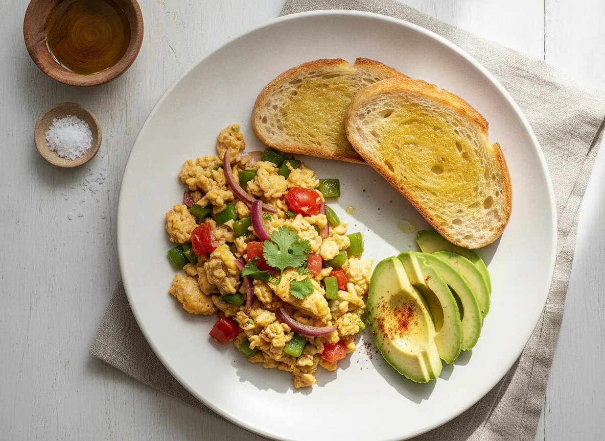 Huevos revueltos con verduras, tostadas y aguacate photo