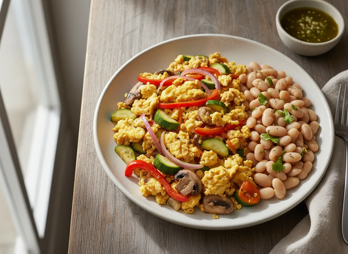 Huevos revueltos con verduras y frijoles blancos photo