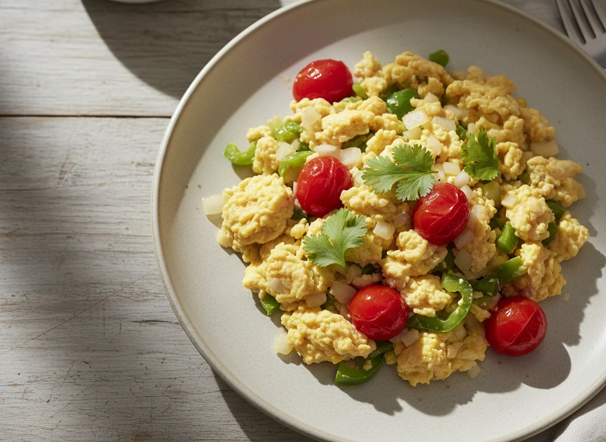 Huevos revueltos con verduras y jitomates cherry photo