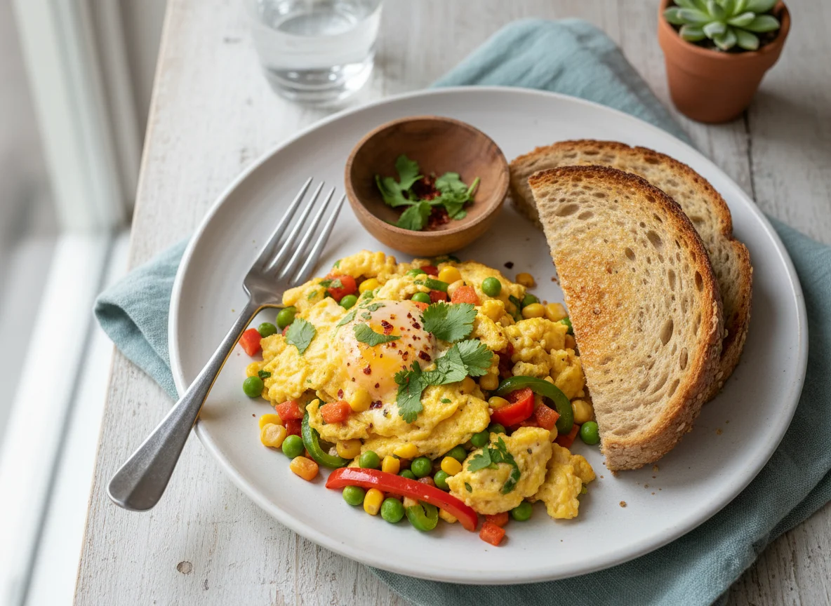 Huevos revueltos con verduras y tostadas photo