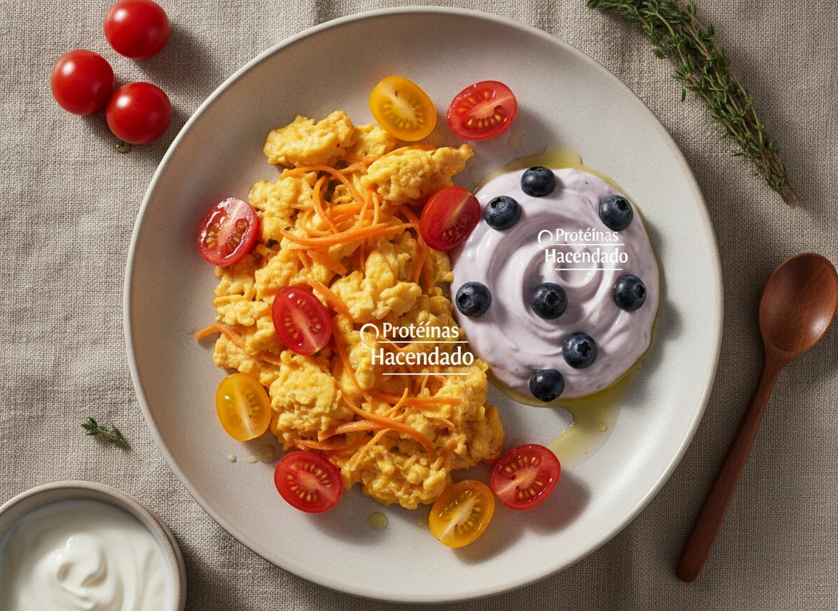 Huevos revueltos con zanahoria, tomates cherry y yogur de arándanos photo