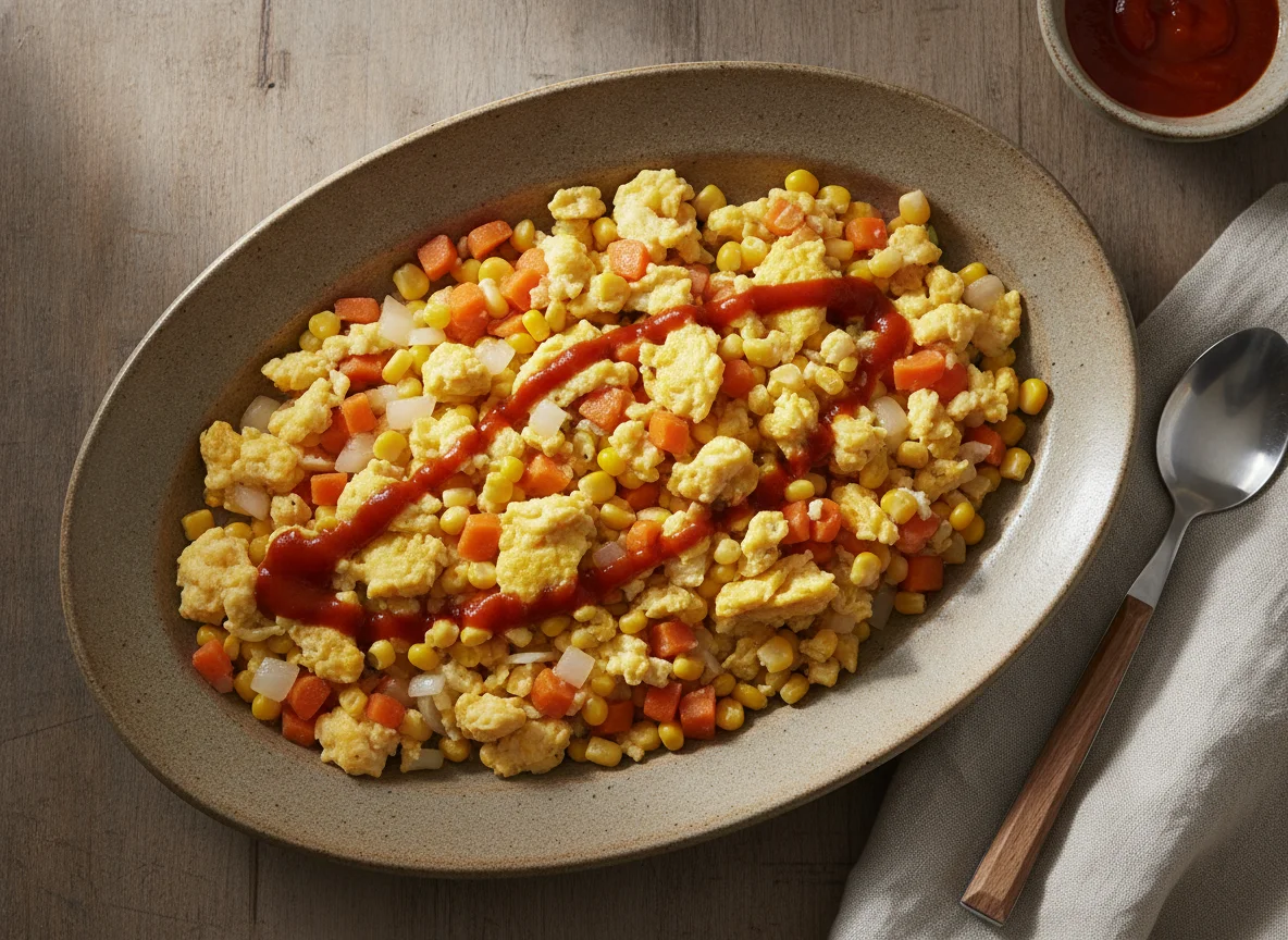 Huevos revueltos con zanahoria y salsa picante photo