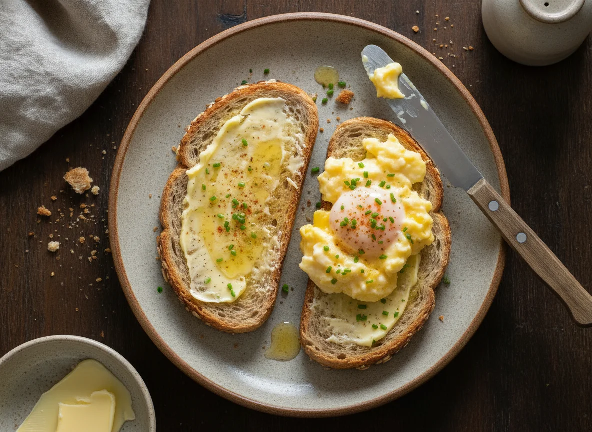 Huevos revueltos sobre pan integral photo