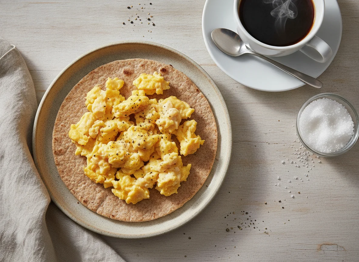 Huevos revueltos sobre tortilla con café photo