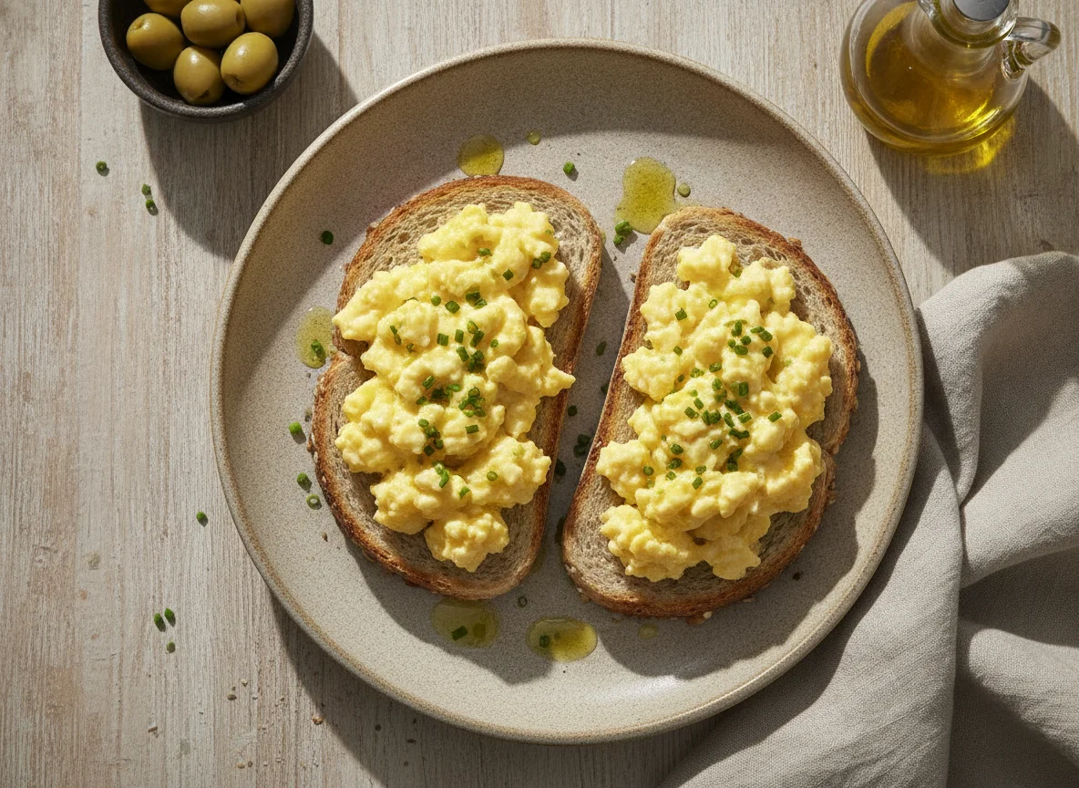 Huevos revueltos sobre tostada photo