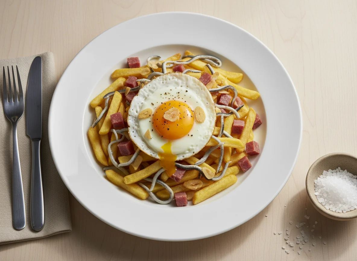 Huevos rotos con gulas, jamón y patatas photo