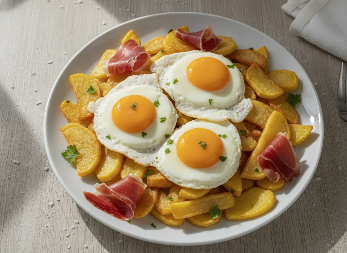 Huevos rotos con jamón y patatas photo