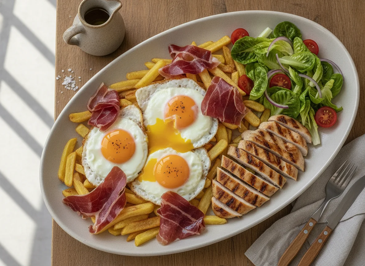 Huevos rotos con jamón y pechuga de pollo con ensalada photo