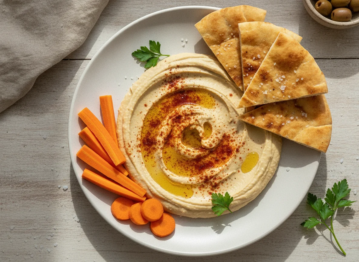 Hummus con aceite y pimentón, pan de pita y zanahorias photo