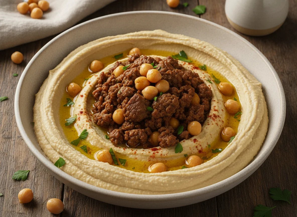 Hummus con carne picada y garbanzos photo