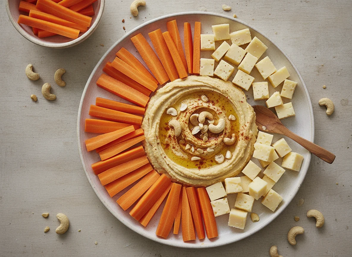 Hummus con crudités, queso y anacardos photo