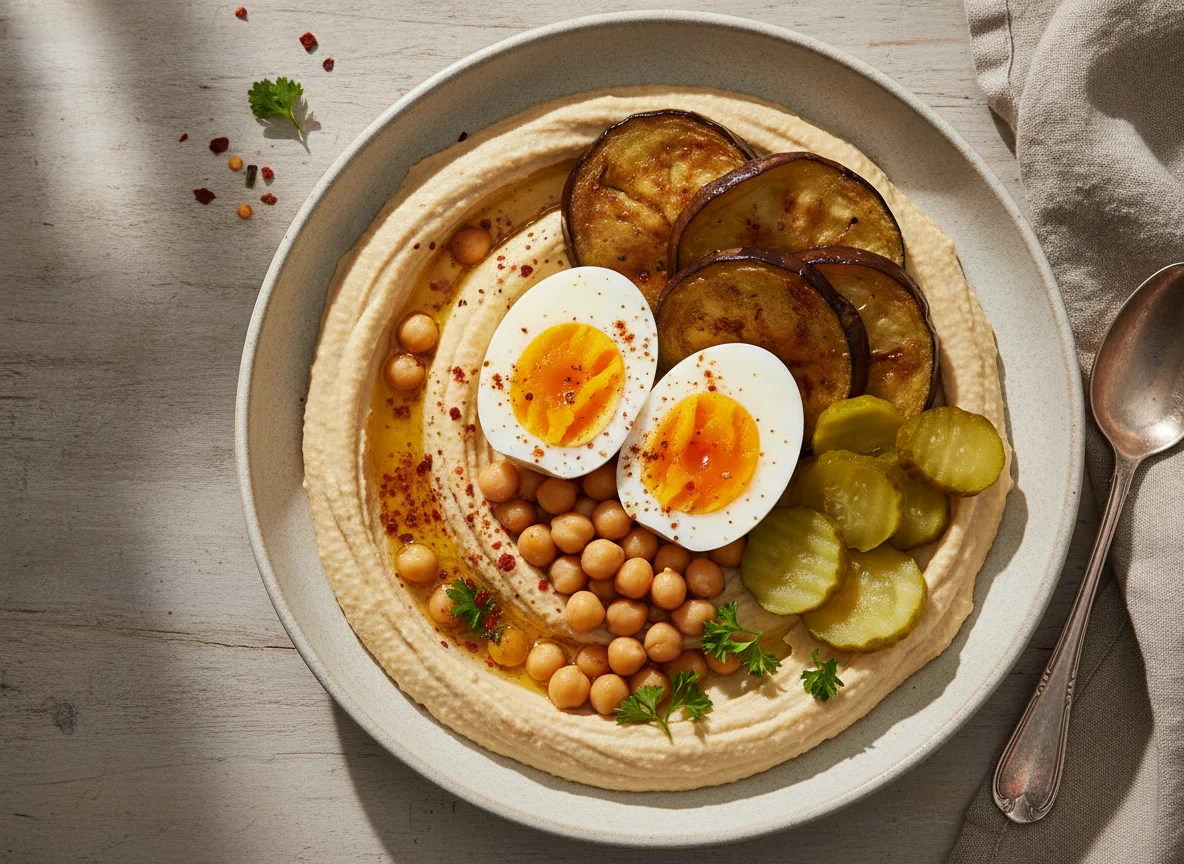 Hummus con huevo, berenjena y pepinillo photo
