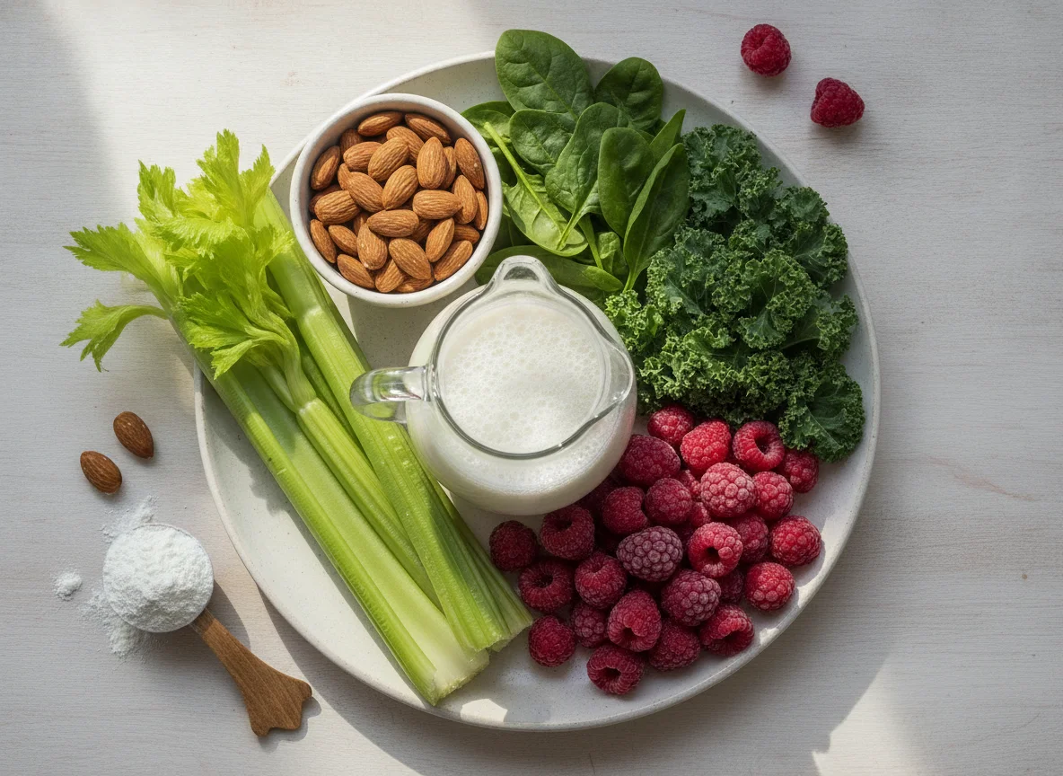 Ingredientes para batido verde con frutos rojos photo