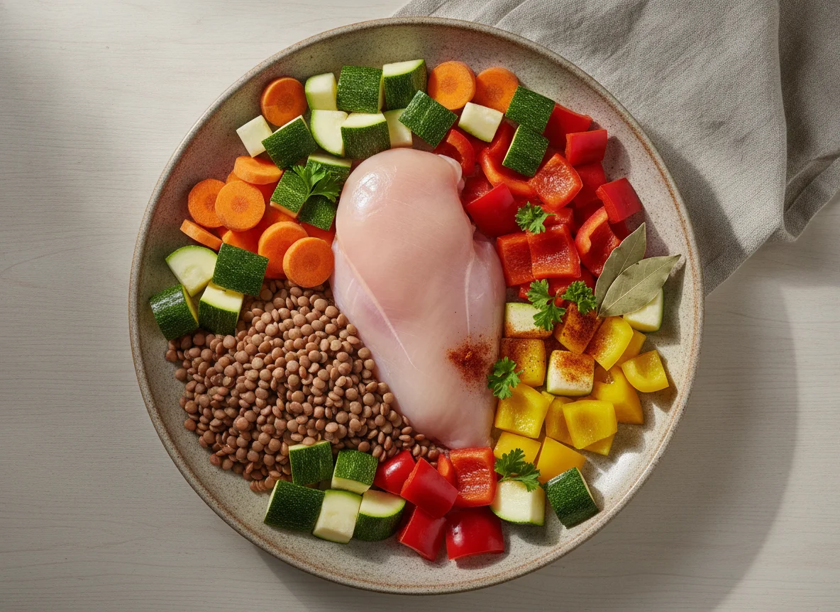 Ingredientes para estofado de lentejas con pollo y verduras photo