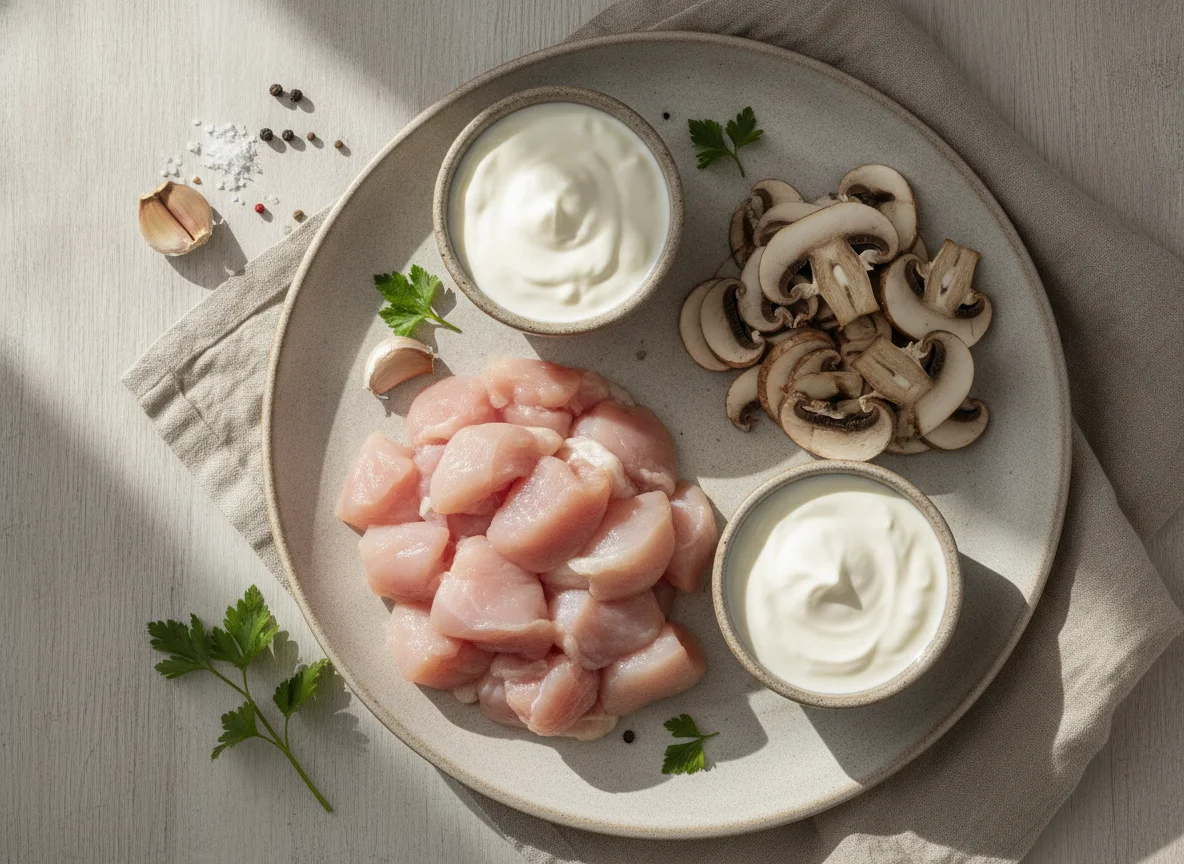 Ingredientes para pollo con champiñones y nata photo
