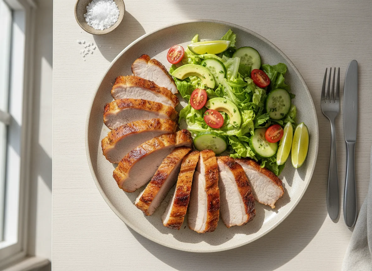 Jamón asado con ensalada y aguacate photo