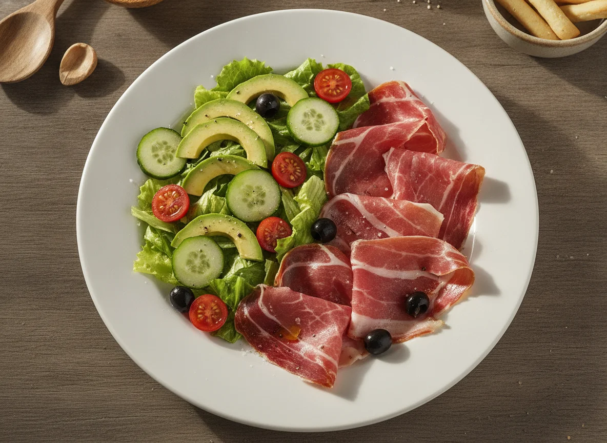 Jamón con ensalada y aguacate photo