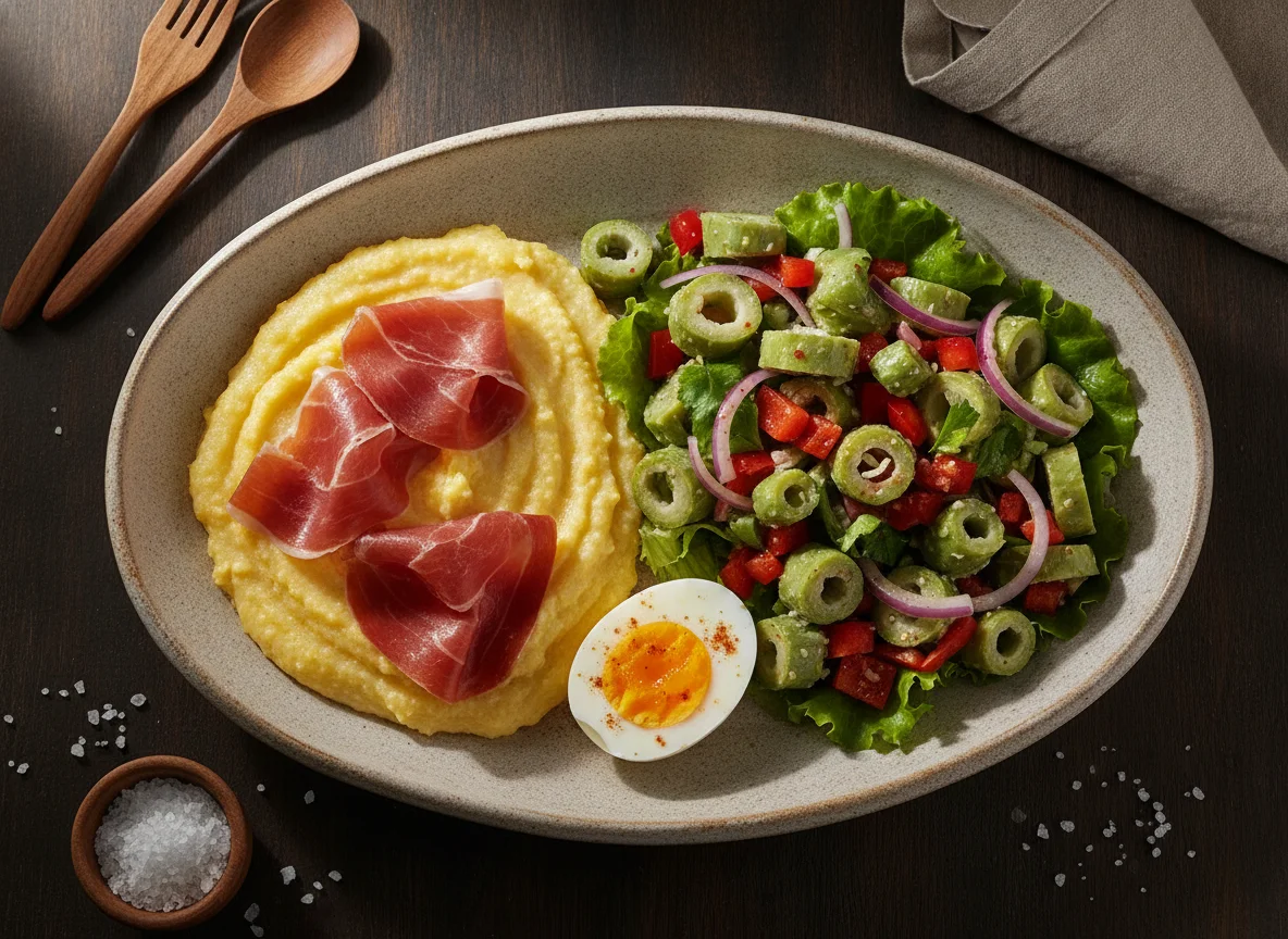 Jamón con polenta, huevo cocido y ensalada de nopales photo