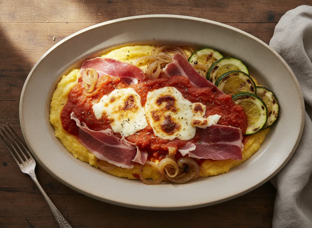 Jamón con polenta y salsa photo