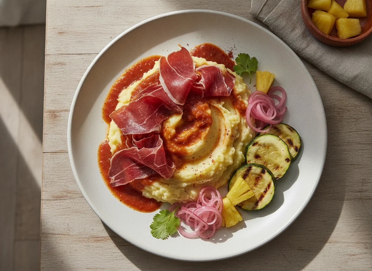 Jamón con puré de papa y salsa photo