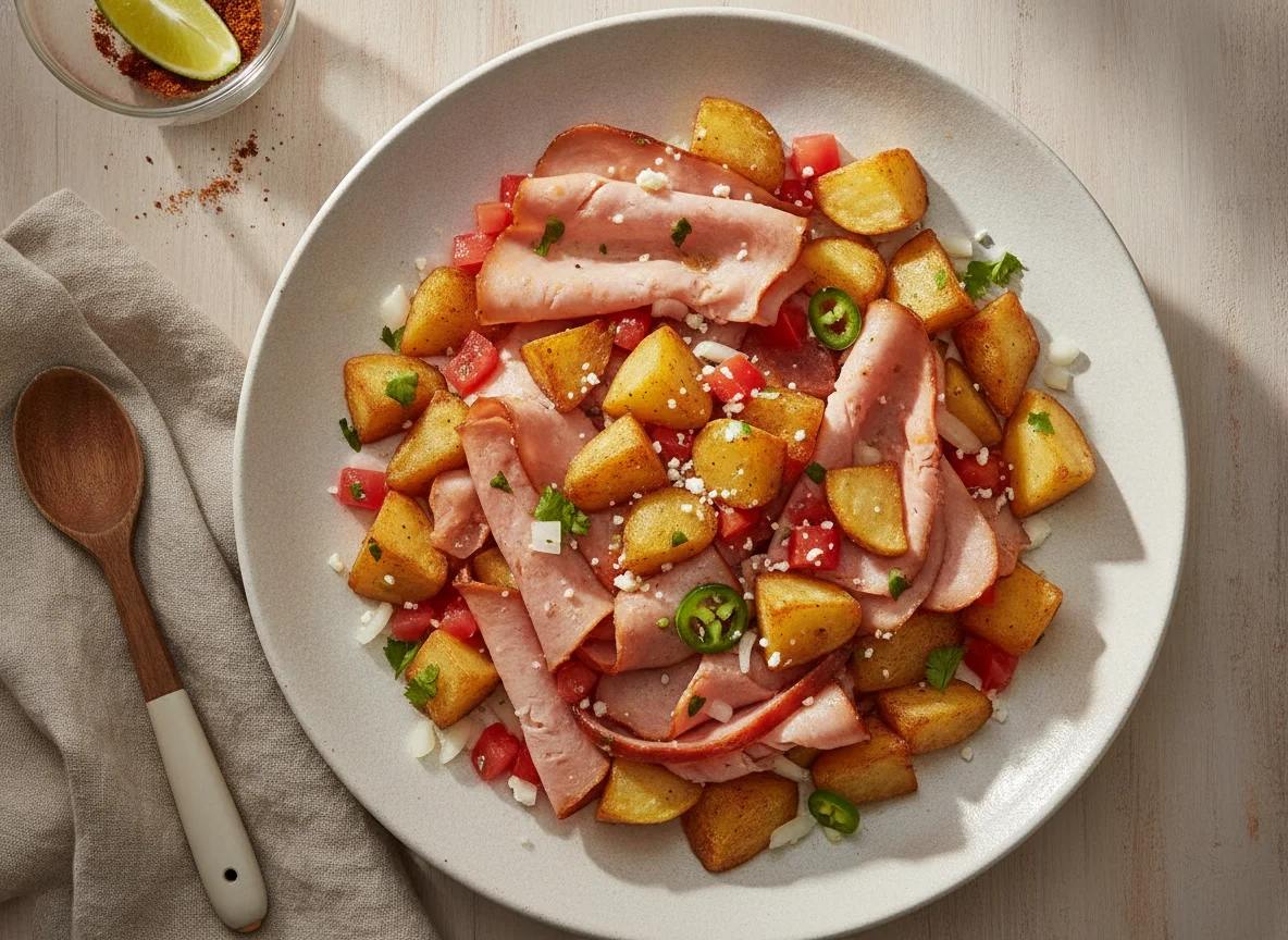 Jamón de pavo con papas a la mexicana photo