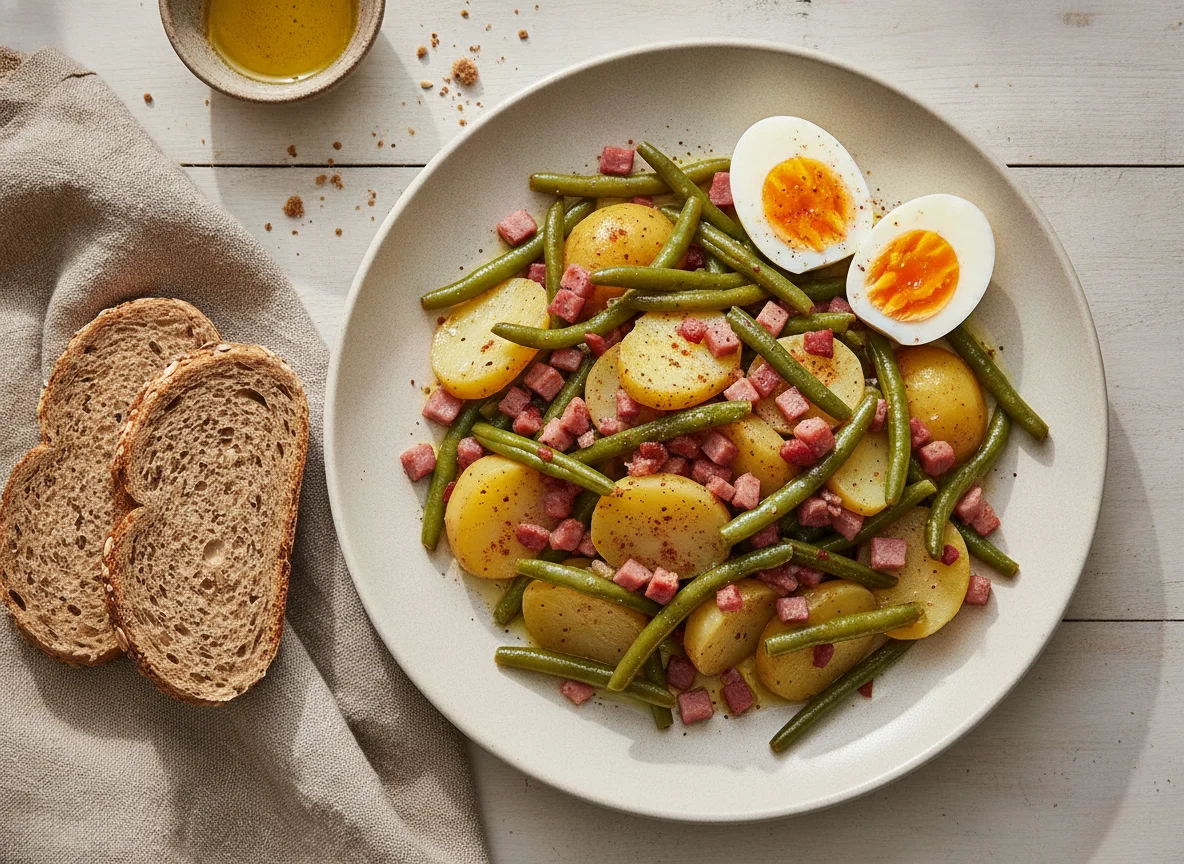 Judías verdes con patatas, huevo cocido, jamón cocido y pan de cereales photo