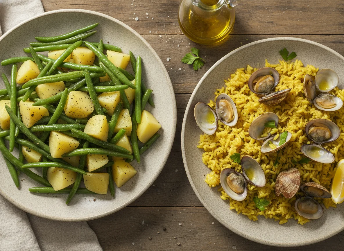 Judías verdes con patatas y Arroz con almejas photo