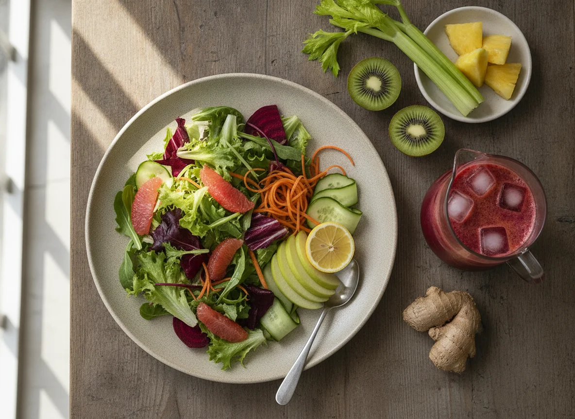 Jugo de verduras y frutas con ensalada de lechuga photo