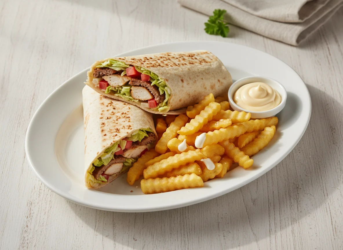 Kebab con patatas fritas y mayonesa photo