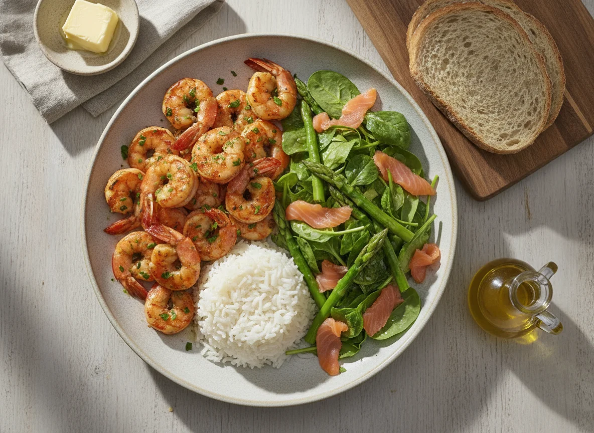 Langostinos con arroz y ensalada photo