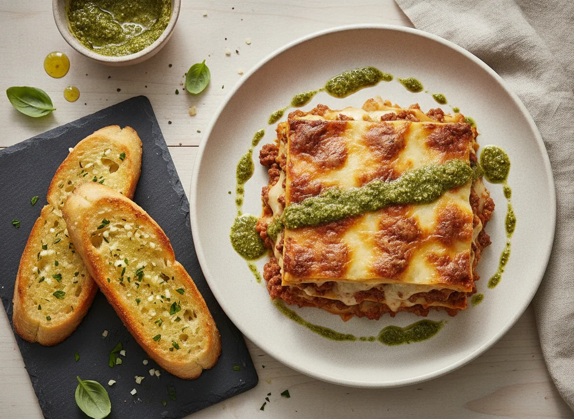 Lasaña con pan de ajo photo