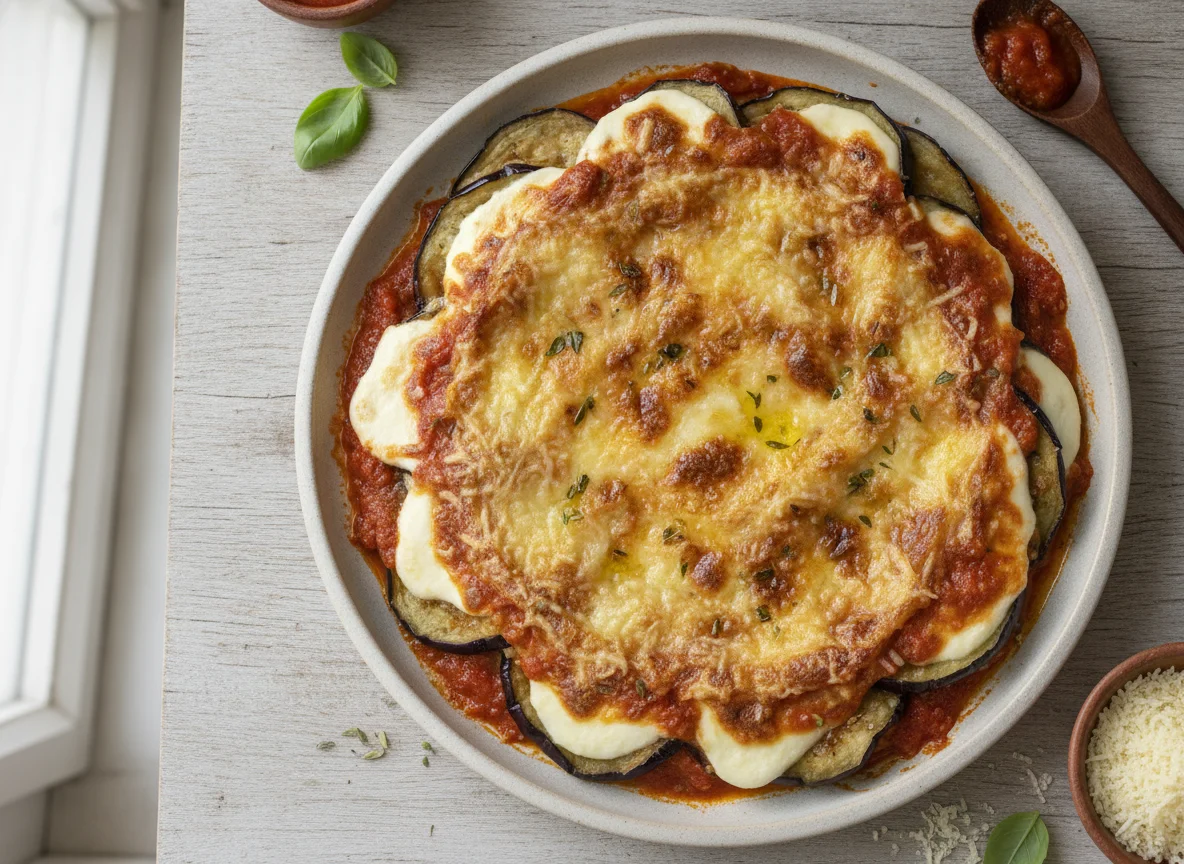 Lasaña de berenjenas con salsa de tomate y queso photo