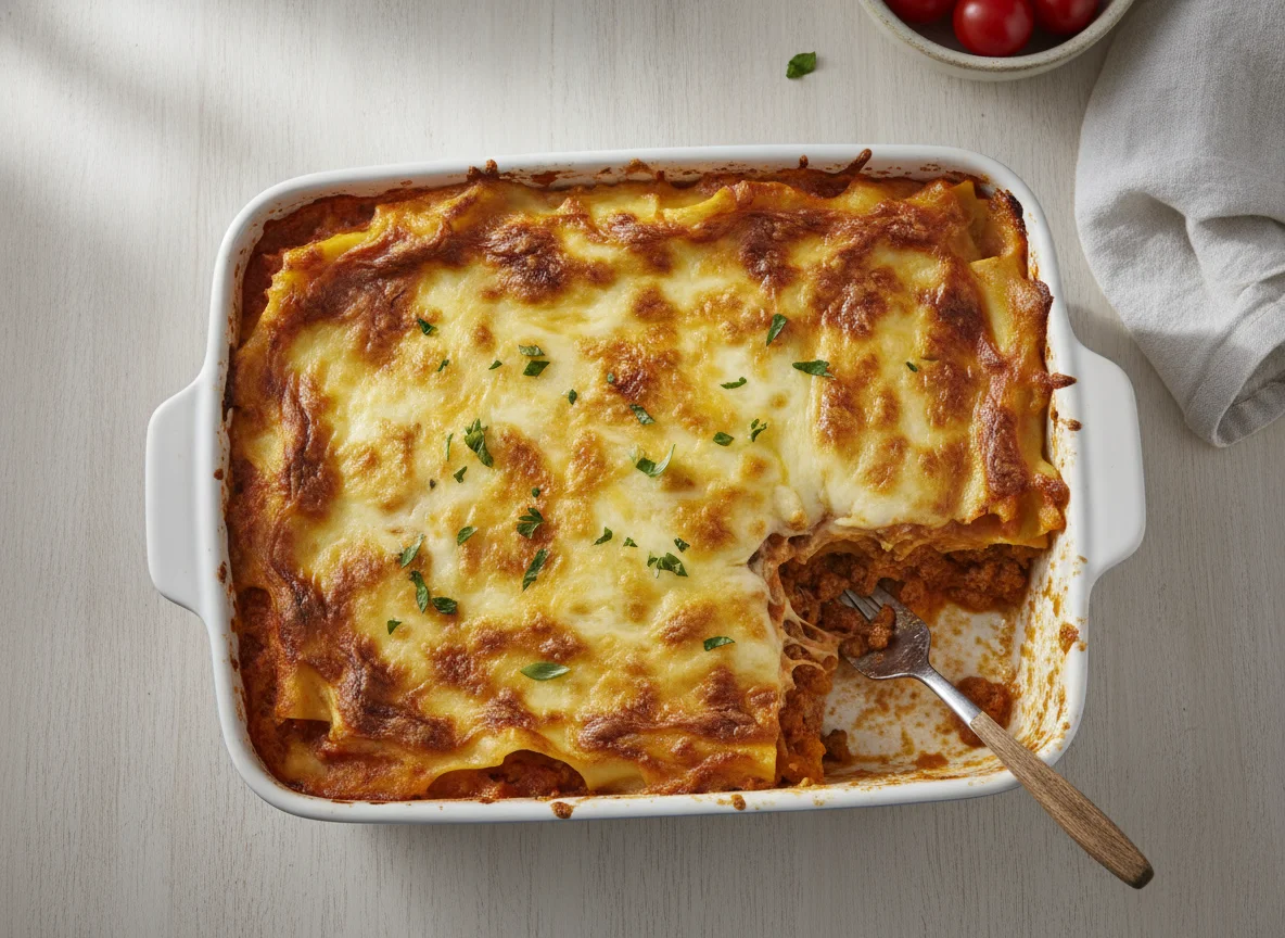 Lasaña de carne con queso photo