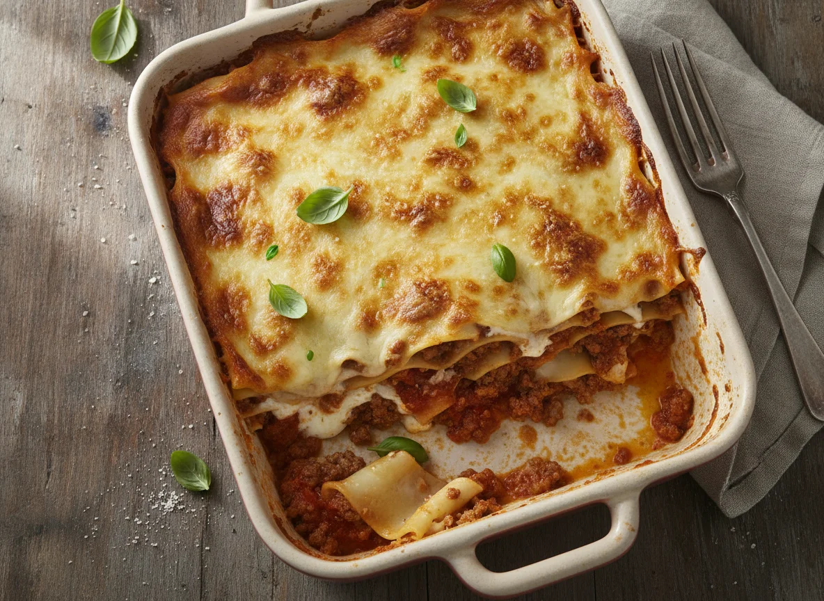 Lasaña de carne con queso fundido photo