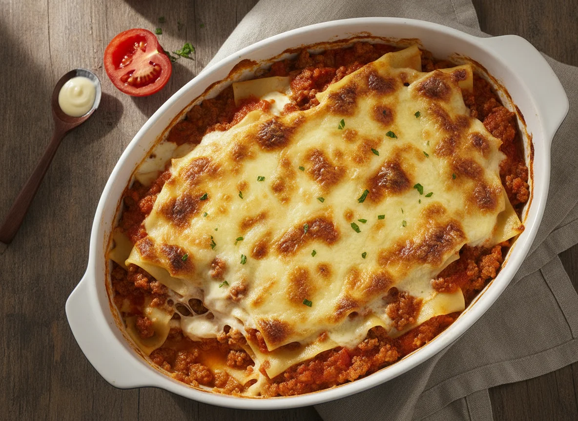 Lasaña de carne con queso gratinado photo