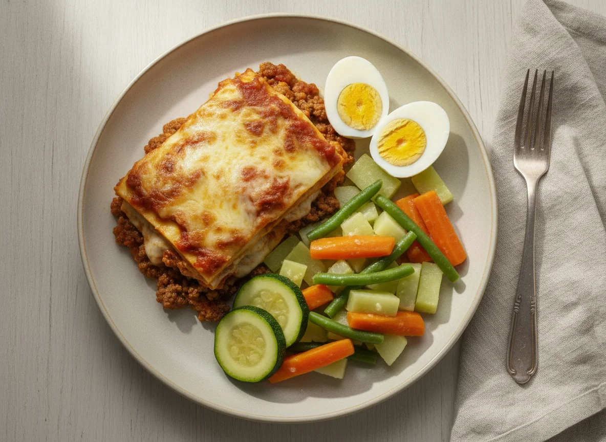 Lasaña de carne con vegetales al vapor y huevos duros photo