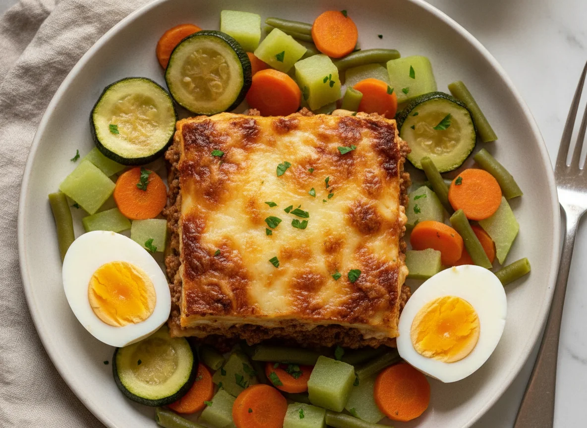 Lasaña de carne con vegetales y huevo duro photo