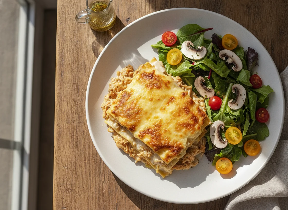 Lasaña de pollo con ensalada de champiñones photo