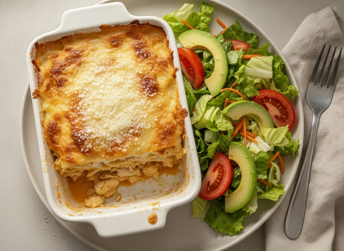 Lasaña de pollo con ensalada fresca photo