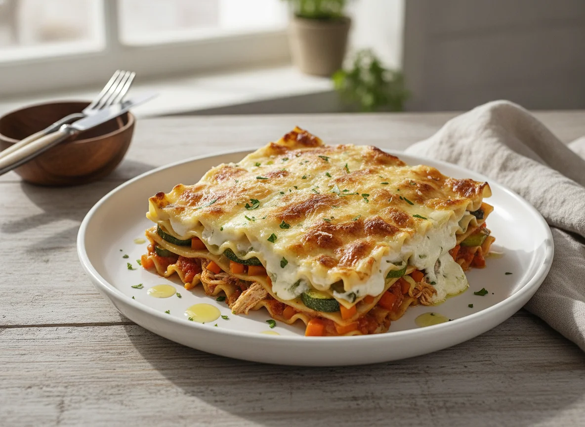 Lasaña de pollo y verduras con bechamel photo