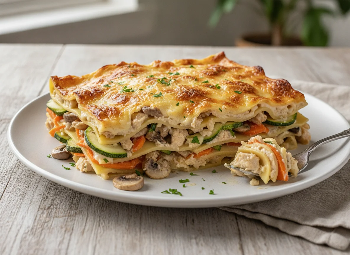 Lasaña de verduras y pollo con bechamel photo