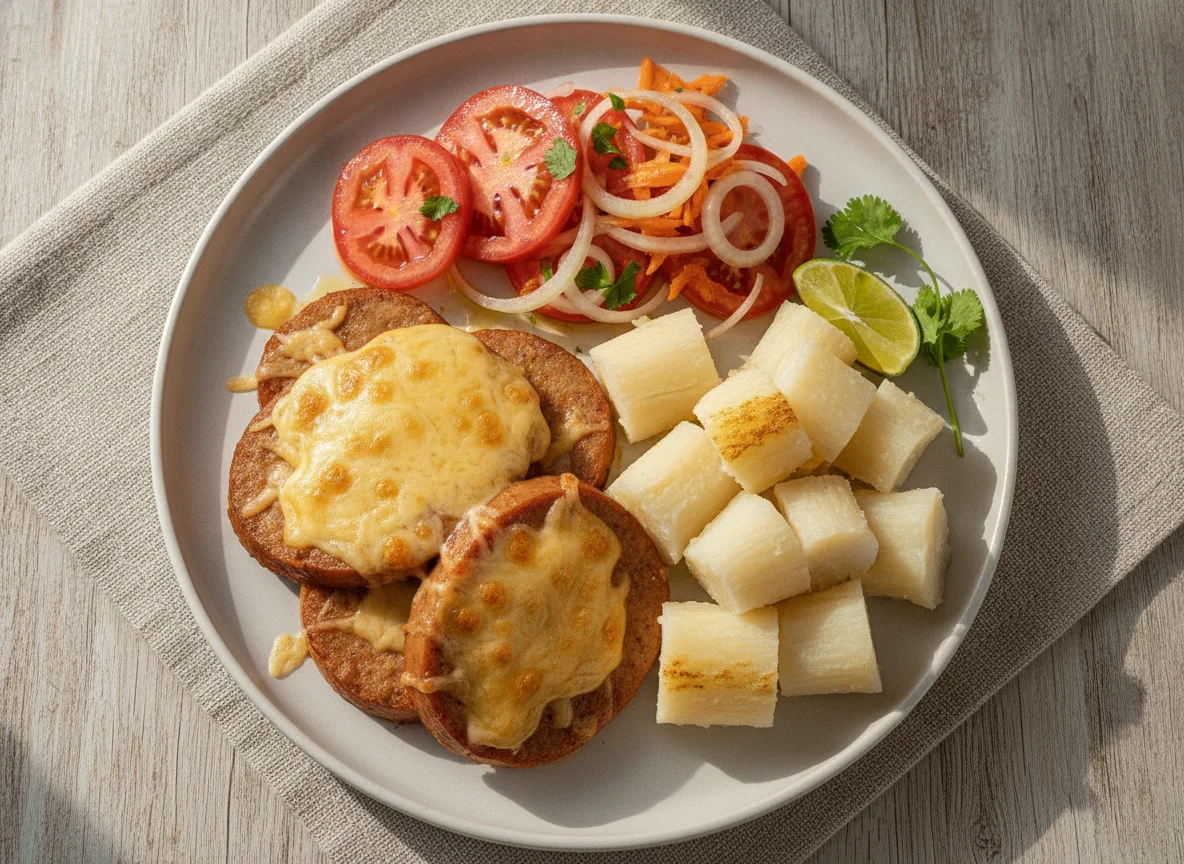 Leberkäse con ensalada y mandioca photo