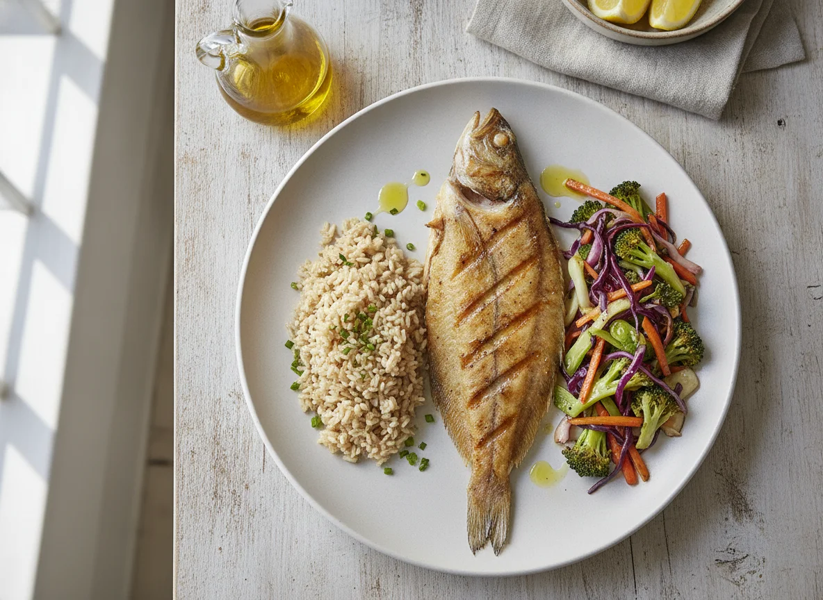 Lenguado a la plancha con arroz integral y verduras photo