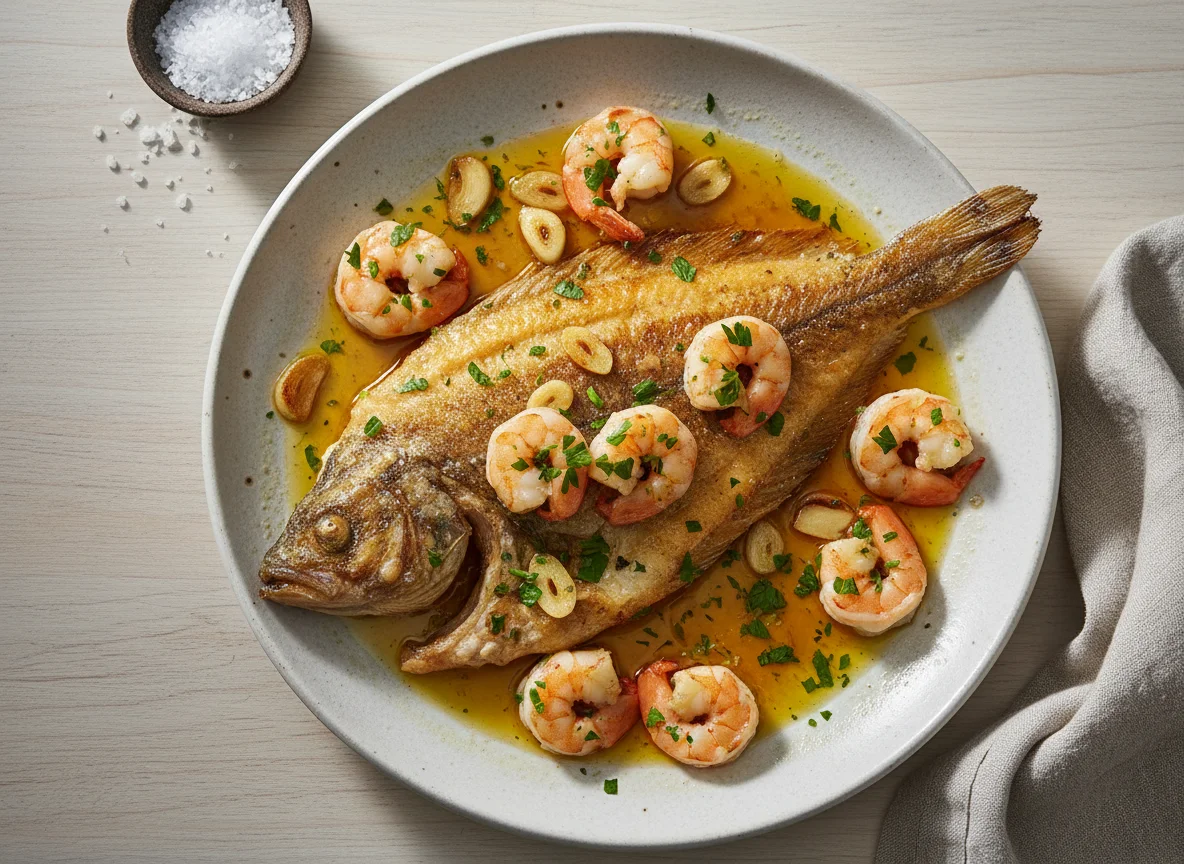 Lenguado con gambas al ajillo photo