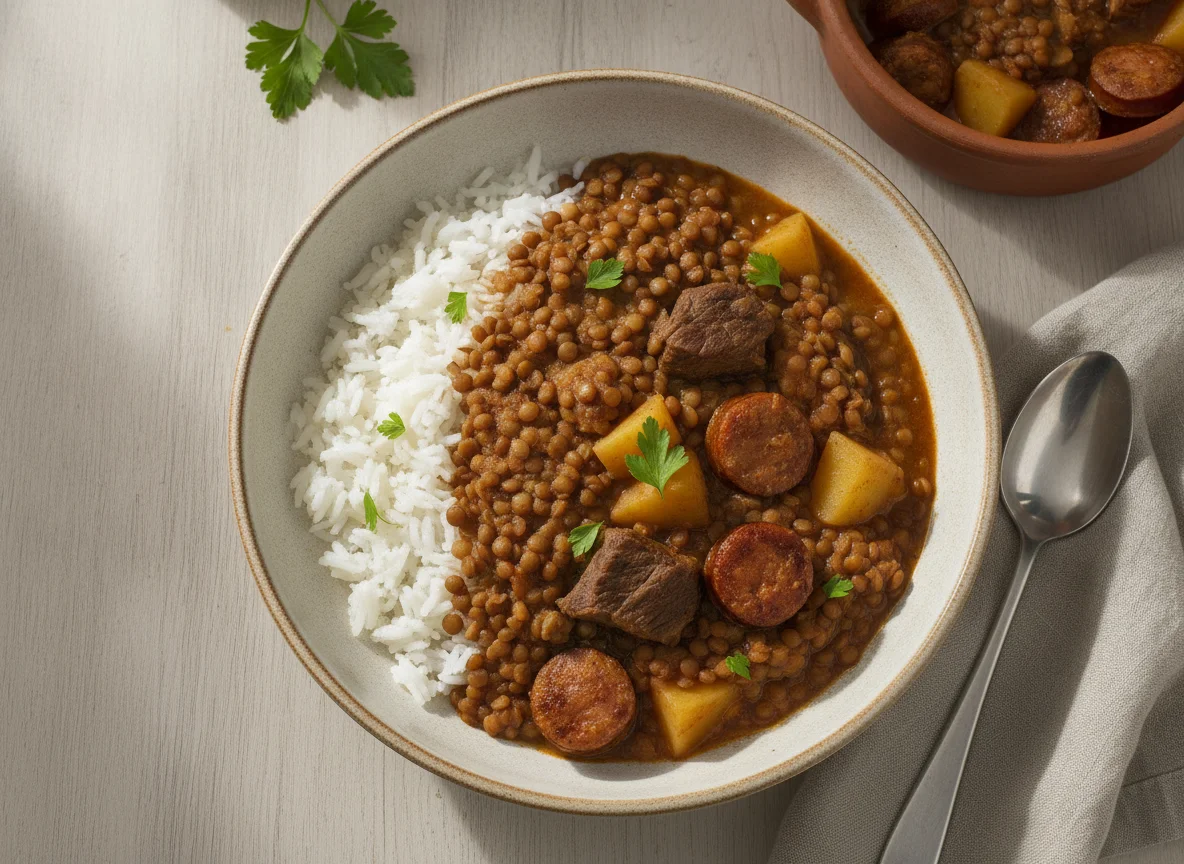 Lentejas con arroz, carne y salchicha photo