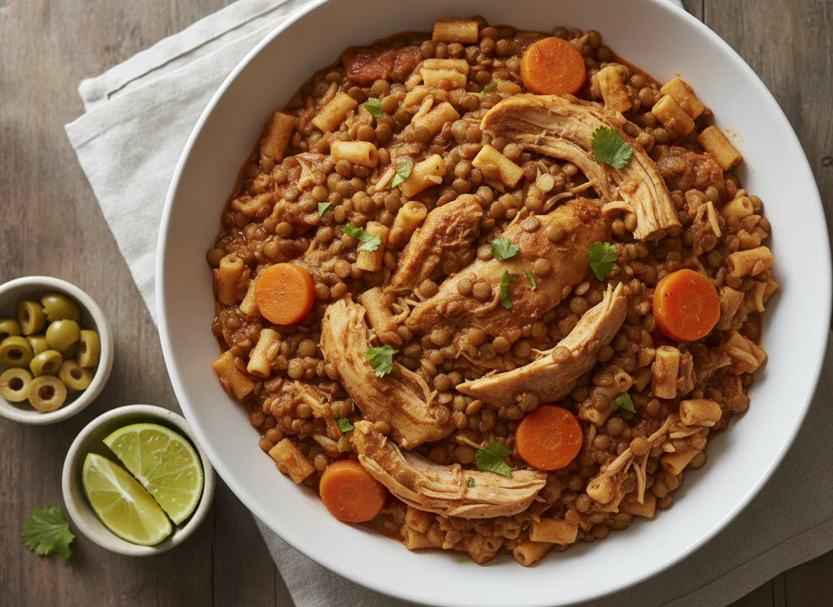Lentejas con arroz de fideo y pollo guisado photo