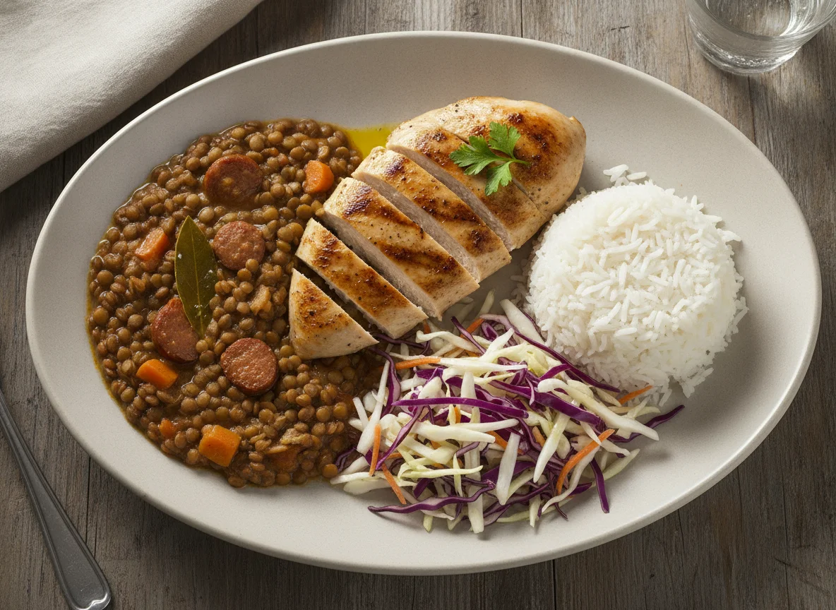 Lentejas con arroz, ensalada mixta y pechuga de pollo photo