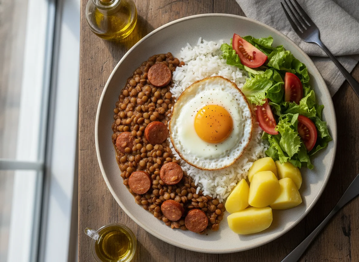Lentejas con arroz, huevo frito, ensalada y papa photo